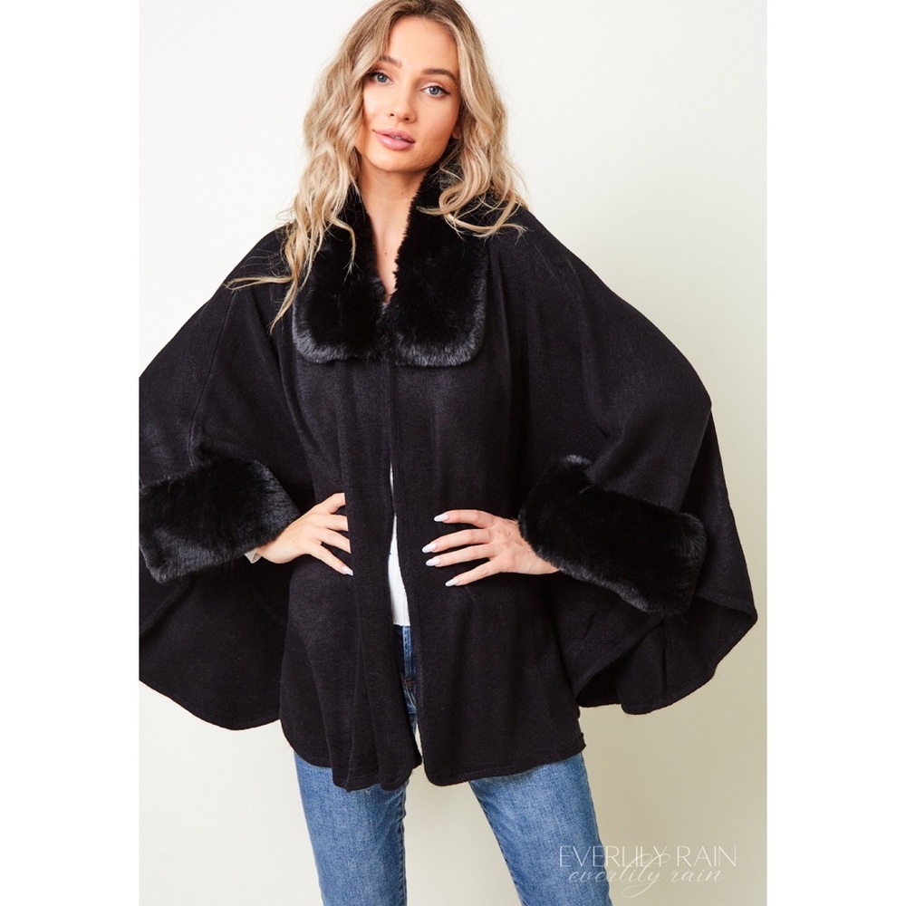 2 PK | Chic Faux Fur Trim Poncho Cape Jacket